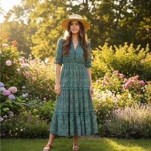 Max Studio Teal and Cream Floral Blouse